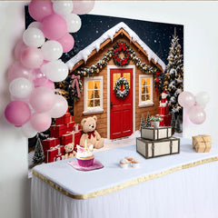 Lofaris Verschneiter Weihnachtshintergrund mit Holzhütte und beleuchteten Bäumen, festliche Kulisse für Winterfotos und Dekoration