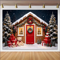 Lofaris Verschneiter Weihnachtshintergrund mit Holzhütte und beleuchteten Bäumen, festliche Kulisse für Winterfotos und Dekoration
