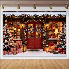 Lofaris Festlicher verschneiter Weihnachtshintergrund mit roter Tür und Geschenken, winterliche Kulisse für gemütliche Feiertagsfotos