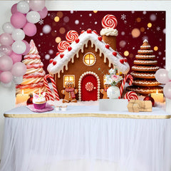 Lofaris festlicher Lebkuchenhaus Weihnachtshintergrund mit Zuckerstangen und Schnee, rote Fotokulisse für Winterparty Dekoration