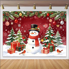 Lofaris Roter Weihnachtshintergrund mit Schneemann und Weihnachtsbäumen, festliche Winterkulisse für Fotoshooting und Partydekoration