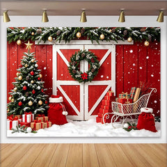 Lofaris Festlicher Weihnachtshintergrund mit roter Scheunentür Weihnachtsbaum und Geschenken, winterliche Fotowand für Familienfotos