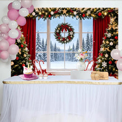 Lofaris Festlicher Weihnachts-Hintergrund mit Fensterblick und verschneiten Bäumen, gemütliche Winterlandschaft Kulisse für Familienfotos