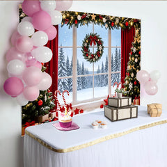 Lofaris Festlicher Weihnachts-Hintergrund mit Fensterblick und verschneiten Bäumen, gemütliche Winterlandschaft Kulisse für Familienfotos