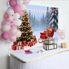 Lofaris Winterwald Weihnachtsbaum Schlitten Geschenke Weihnachts-Hintergrund, festliche Schneelandschaft Fotowand für Familienfotos