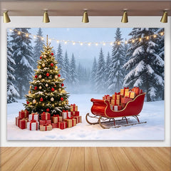 Lofaris Winterwald Weihnachtsbaum Schlitten Geschenke Weihnachts-Hintergrund, festliche Schneelandschaft Fotowand für Familienfotos