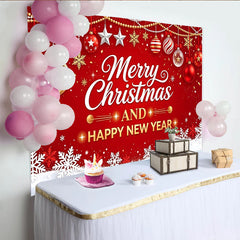 Lofaris Roter Weihnachts- und Neujahrshintergrund, festliche Kulisse mit Schneeflocken und Merry Christmas und Happy New Year.