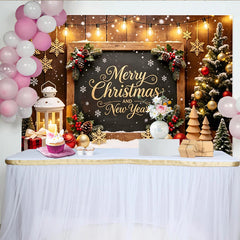 Lofaris Goldener Weihnachtshintergrund mit Lichterkette und Schneeflocken für Neujahr, festliche Kulisse in Holzoptik für Winterparty