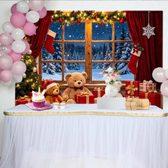 Lofaris Gemütlicher Weihnachtshintergrund mit Fenster, Schnee und Geschenken, Fotowand mit Teddybären und Weihnachtsbaum für Winterdekoration