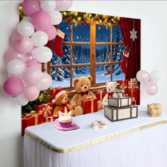 Lofaris Gemütlicher Weihnachtshintergrund mit Fenster, Schnee und Geschenken, Fotowand mit Teddybären und Weihnachtsbaum für Winterdekoration