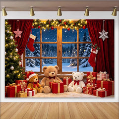 Lofaris Gemütlicher Weihnachtshintergrund mit Fenster, Schnee und Geschenken, Fotowand mit Teddybären und Weihnachtsbaum für Winterdekoration