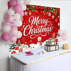 Lofaris Roter Merry Christmas Weihnachts-Hintergrund mit Schneemann und Bäumen, festliche Fotowand für Winterparty und Fotoshooting