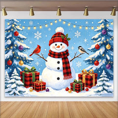 Lofaris Fröhlicher Schneemann Weihnachtshintergrund mit kariertem Schal und Geschenken, festliche Fotokulisse für Winterparty und Familienfotos