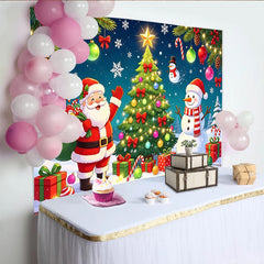 Lofaris Fröhlicher Weihnachtshintergrund mit Weihnachtsmann Schneemann und Tannenbaum, festliche Kulisse für Winterparty