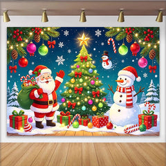 Lofaris Fröhlicher Weihnachtshintergrund mit Weihnachtsmann Schneemann und Tannenbaum, festliche Kulisse für Winterparty
