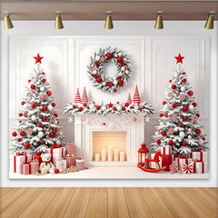 Lofaris Roter Weihnachtshintergrund mit verschneiten Bäumen und Kamin, für festliche Familienfotos und gemütliche Winterdekoration