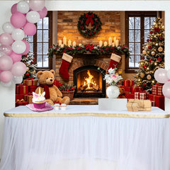 Lofaris Festlicher Weihnachtshintergrund mit Kamin und Bäumen, gemütliche Kulisse mit Geschenken für Fotoshooting Heimdekoration