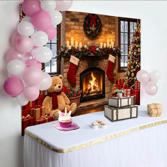 Lofaris Festlicher Weihnachtshintergrund mit Kamin und Bäumen, gemütliche Kulisse mit Geschenken für Fotoshooting Heimdekoration