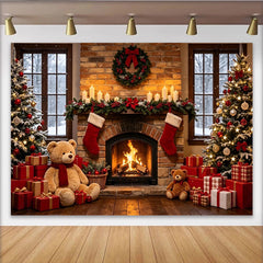 Lofaris Festlicher Weihnachtshintergrund mit Kamin und Bäumen, gemütliche Kulisse mit Geschenken für Fotoshooting Heimdekoration