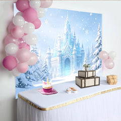 Lofaris Winterlicher Eisschloss Fotohintergrund mit Schneeflocken und blauen Tönen, märchenhafte Kulisse für Winterfotografie