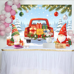Lofaris Roter Pickup-Truck Weihnachts-Hintergrund mit Wichteln und Geschenken, festliche Winterdekoration für Fotoshooting