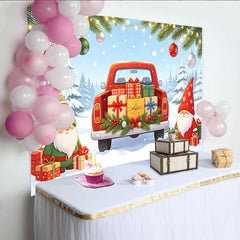 Lofaris Roter Pickup-Truck Weihnachts-Hintergrund mit Wichteln und Geschenken, festliche Winterdekoration für Fotoshooting