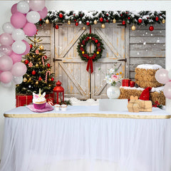 Lofaris Rustikaler Weihnachtshintergrund mit Tannenbaum und Kranz, winterliche Fotokulisse für festliche Familienfotos und Partys