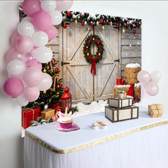 Lofaris Rustikaler Weihnachtshintergrund mit Tannenbaum und Kranz, winterliche Fotokulisse für festliche Familienfotos und Partys