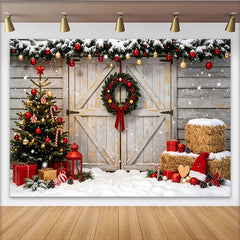 Lofaris Rustikaler Weihnachtshintergrund mit Tannenbaum und Kranz, winterliche Fotokulisse für festliche Familienfotos und Partys