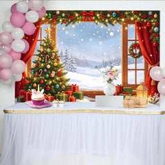 Lofaris Festlicher Weihnachtshintergrund mit Baum und Fenster, gemütliche Winterlandschaft Fotokulisse für Familienfotos und Feiern