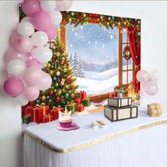 Lofaris Festlicher Weihnachtshintergrund mit Baum und Fenster, gemütliche Winterlandschaft Fotokulisse für Familienfotos und Feiern