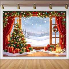 Lofaris Festlicher Weihnachtshintergrund mit Baum und Fenster, gemütliche Winterlandschaft Fotokulisse für Familienfotos und Feiern