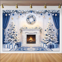 Lofaris Eleganter blau-weißer Winter-Weihnachtshintergrund mit Kamin und Bäumen, festliche Fotokulisse für Winterpartys und Familienfotos