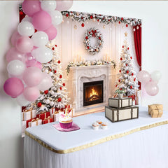 Lofaris Eleganter Weihnachtshintergrund mit weißen Bäumen und Kamin, festliche Fotokulisse für Familienfotos und Partydekoration