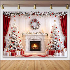 Lofaris Eleganter Weihnachtshintergrund mit weißen Bäumen und Kamin, festliche Fotokulisse für Familienfotos und Partydekoration
