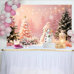 Lofaris Rosa Schneemann-Weihnachtshintergrund mit Tannenbäumen und Schneeflocken, winterliche Fotokulisse für festliche Dekoration
