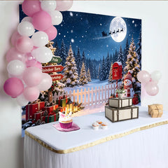 Lofaris Magischer Weihnachtshintergrund mit fliegendem Weihnachtsmann und Rentieren, verschneite Winterlandschaft für festliche Fotoshootings