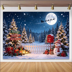 Lofaris Magischer Weihnachtshintergrund mit fliegendem Weihnachtsmann und Rentieren, verschneite Winterlandschaft für festliche Fotoshootings