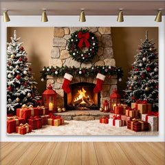 Lofaris Gemütlicher Weihnachtshintergrund mit Kamin und geschmückten Weihnachtsbäumen, festliche Fotowand für Winterfotografie