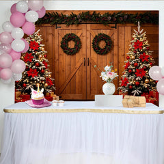 Lofaris Festlicher Weihnachtsbaum Scheunentor Hintergrund mit roten Kugeln, winterliche Fotokulisse für Familienfotos und Events