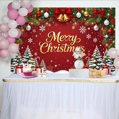 Lofaris Roter Weihnachts-Hintergrund mit goldenem Merry Christmas Schriftzug, festliche Fotowand für Winterparty und Familienfeier