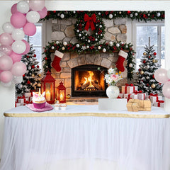 Lofaris Weihnachtshintergrund Kaminzimmer mit Bäumen und Geschenken, gemütliche Winterkulisse für Fotoshooting und Partydekoration