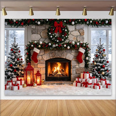 Lofaris Weihnachtshintergrund Kaminzimmer mit Bäumen und Geschenken, gemütliche Winterkulisse für Fotoshooting und Partydekoration