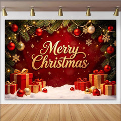 Lofaris Roter Weihnachts-Hintergrund mit goldenem Merry Christmas Schriftzug und Tannenzweigen, festliche Fotowand für Winterparty