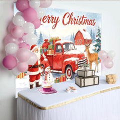 Lofaris Fröhlicher Weihnachtshintergrund mit Weihnachtsmann rotem LKW und Geschenken, winterliche Fotokulisse für Familienfotos und Partydeko
