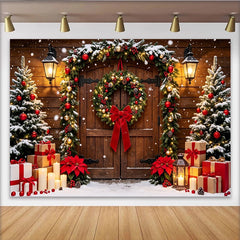 Lofaris Verschneiter Weihnachtshintergrund mit Holztür Kranz und Lichterketten, festliche Kulisse für Winterfotografie und Weihnachtsdekoration
