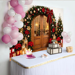 Lofaris Festlicher Weihnachtshintergrund mit Türbogen Tannenbäumen und Geschenken, elegante Kulisse für Fotoshootings und Winterdekoration