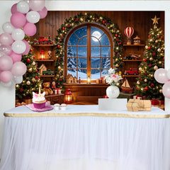 Lofaris Festlicher Weihnachtshintergrund mit beleuchteten Bäumen und verschneitem Fenster, winterliche Kulisse für Fotostudio und Dekoration