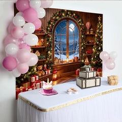 Lofaris Festlicher Weihnachtshintergrund mit beleuchteten Bäumen und verschneitem Fenster, winterliche Kulisse für Fotostudio und Dekoration