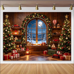 Lofaris Festlicher Weihnachtshintergrund mit beleuchteten Bäumen und verschneitem Fenster, winterliche Kulisse für Fotostudio und Dekoration